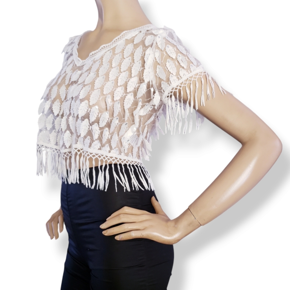 White Lasercut Feathers & Fringe Sheer Crop Top by Eveen Kueen